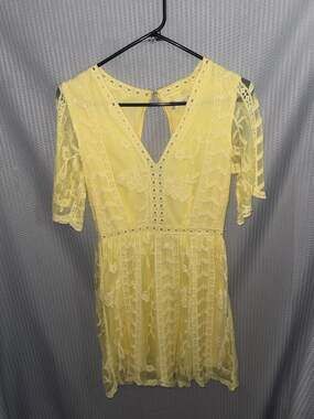 Altar'd State Yellow Lace V-Neck Mini Dress with Sheer Sleeves